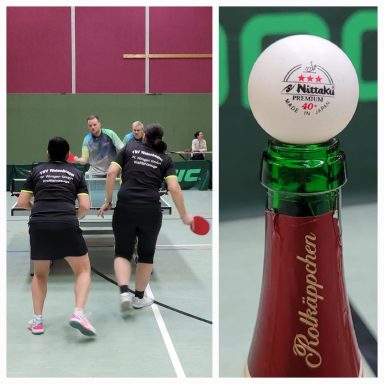 ©TSV Watenbüttel Tischtennisspieler in Aktion, mit einem Tischtennisball und einer Flasche im Vordergrund.